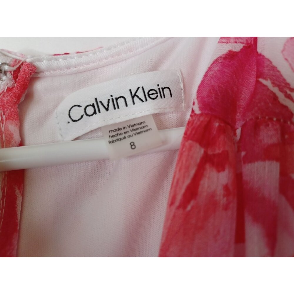 CALVIN KLEIN Womens White Lined Tie Belt Floral Sleeveless Dress Size 8 $149 - Picture 6 of 9